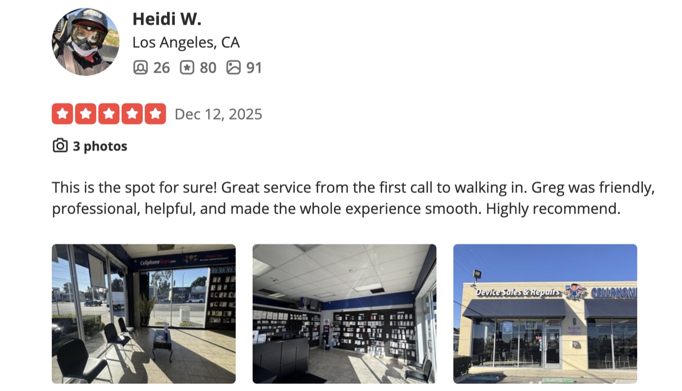 5-star Yelp review by Heidi W. of Los Angeles: This is the spot for sure! Great service from the first call to walking in. Greg was friendly, professional, helpful, and made the whole experience smooth. Highly recommend. Includes three photos of the shop.